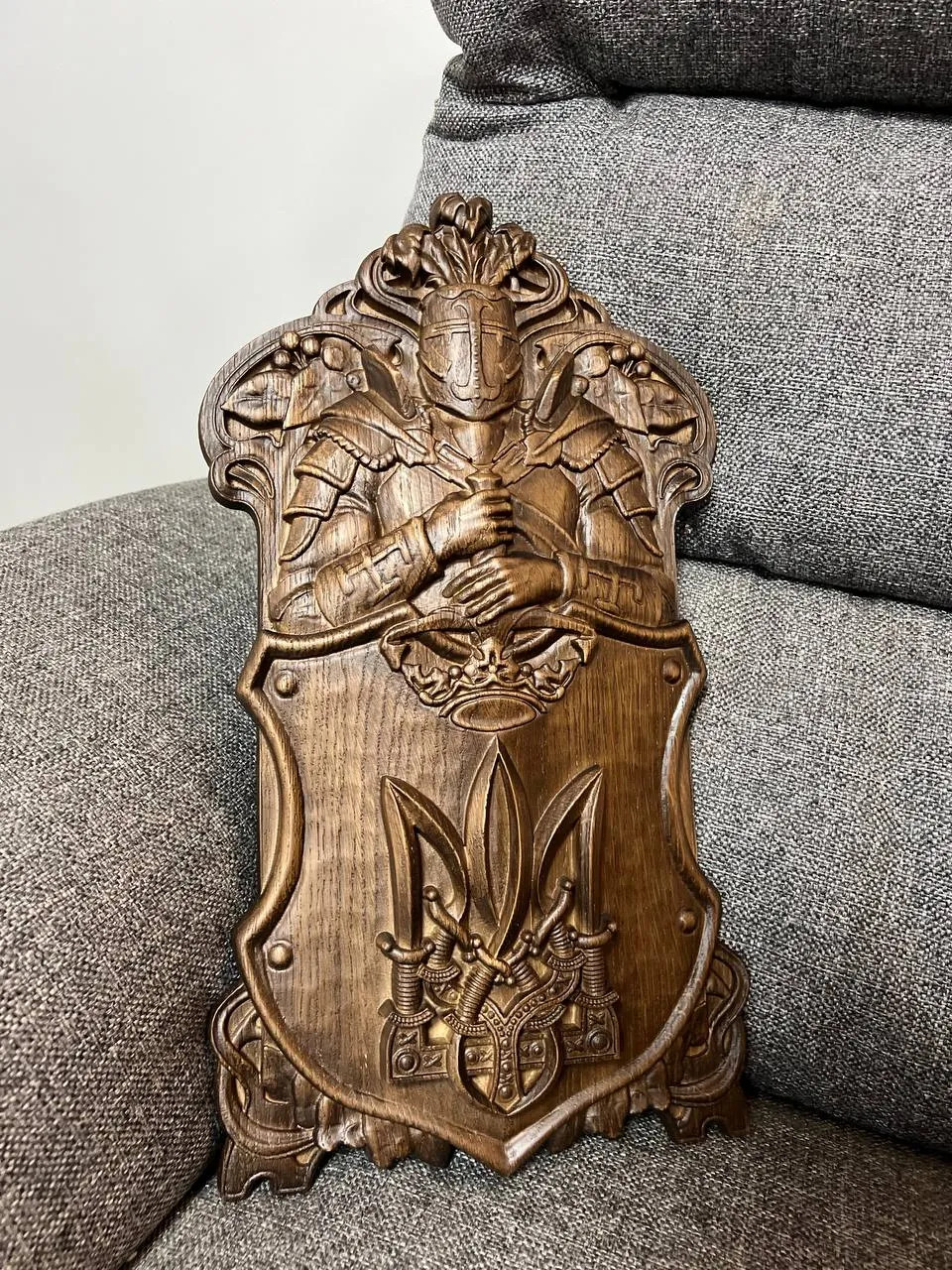 Hand-Carved Wooden Knight Crest with Tryzub