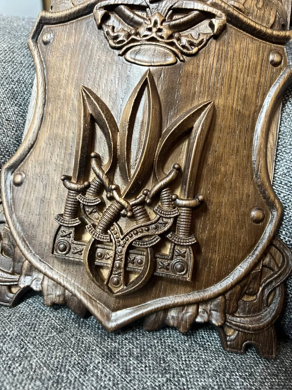 Hand-Carved Wooden Knight Crest with Tryzub