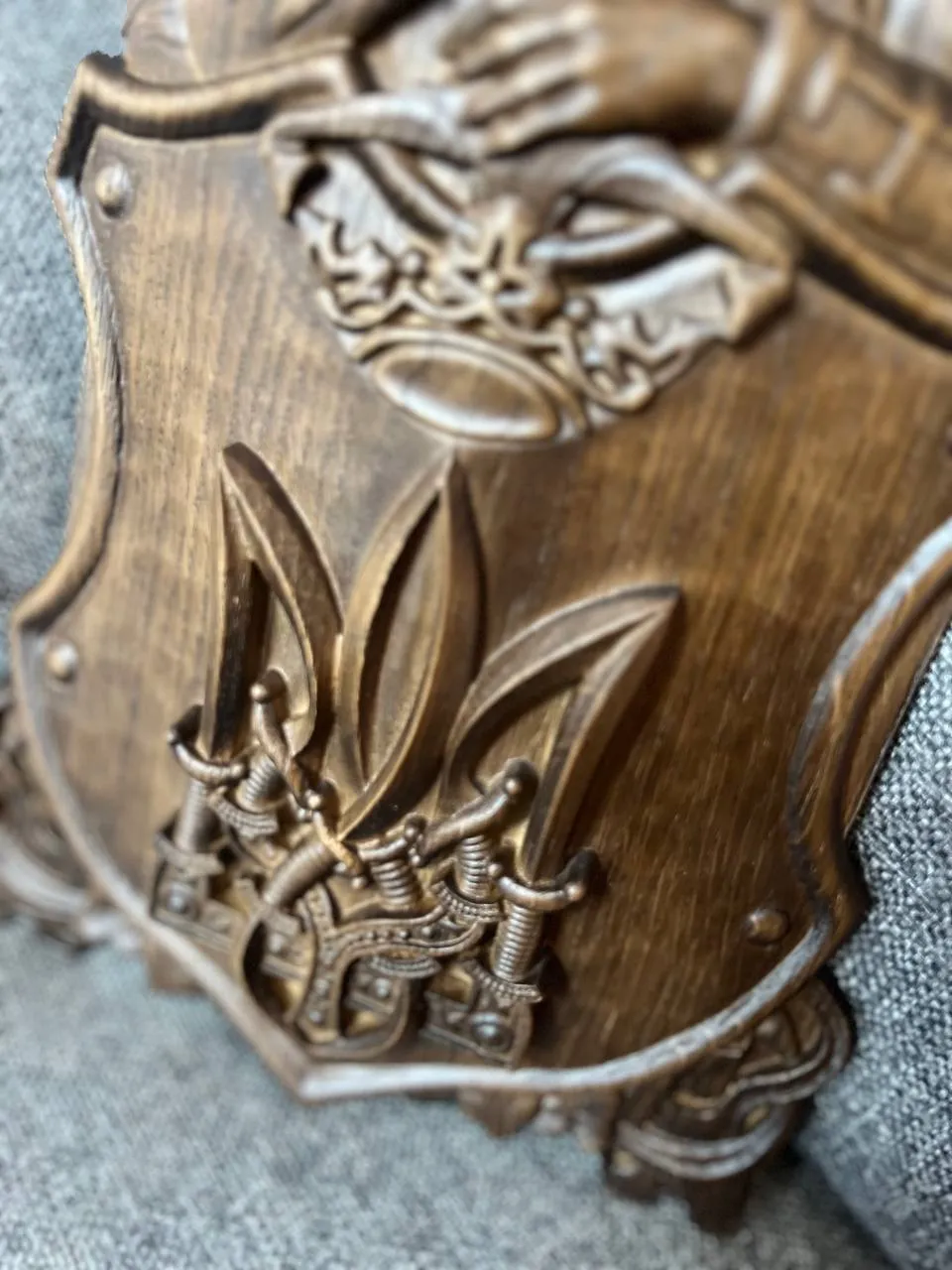 Hand-Carved Wooden Knight Crest with Tryzub