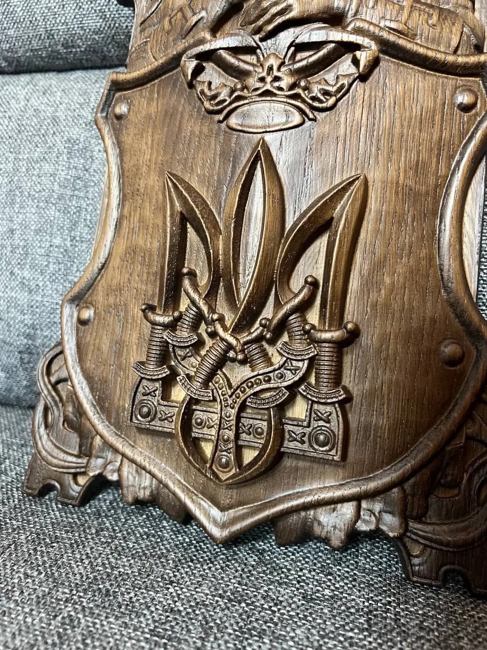 Hand-Carved Wooden Knight Crest with Tryzub
