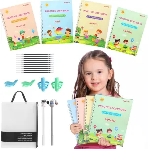 Handwriting Book Practice for,Upgraded Reusable Handwriting Practice Copybook Preschool for Age 3-8 ​Calligraphy (Enlarged-Version 4 Books  2 Pens 4 Pencil Grips  10 Refills 1 Handbag)