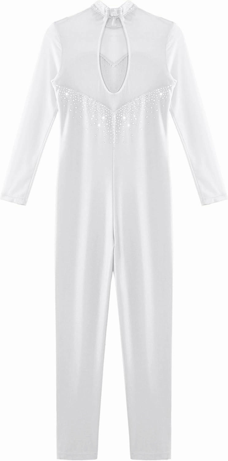 Hansber Gymnastics Leotard Unitards for Girls Long Sleeve Rhinestone Full Body Bodysuit Figure Skating Jumpsuit