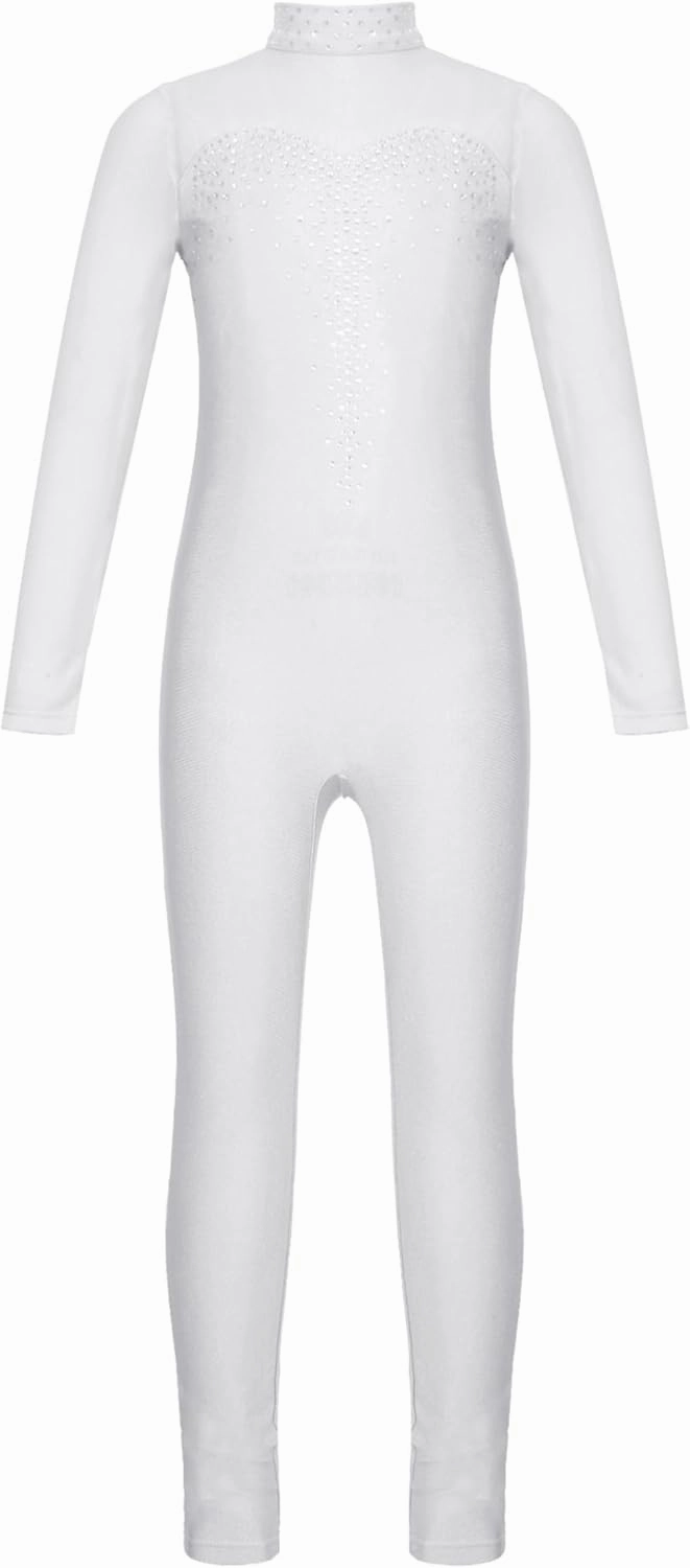 Hansber Gymnastics Leotard Unitards for Girls Long Sleeve Rhinestone Full Body Bodysuit Figure Skating Jumpsuit