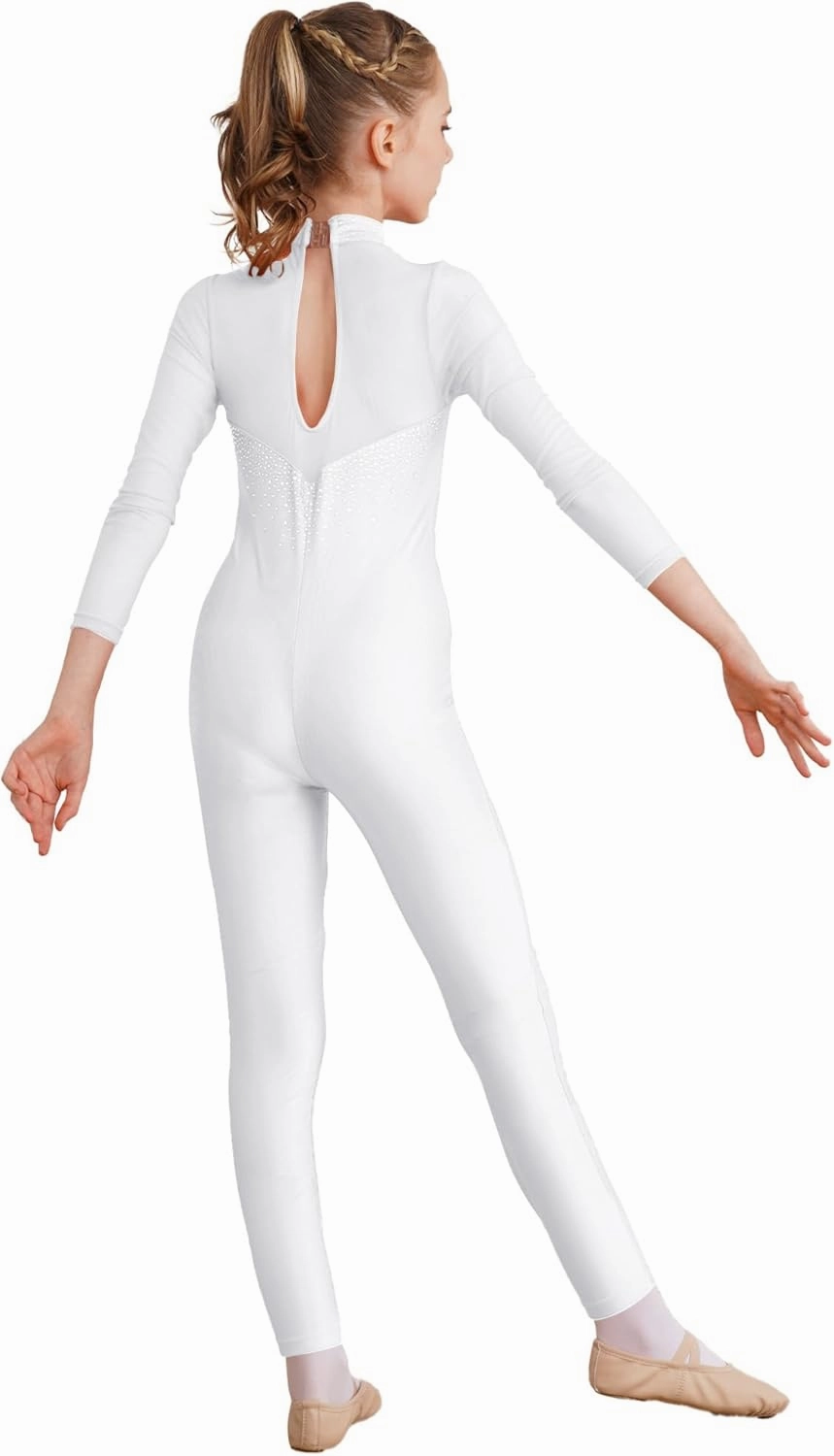 Hansber Gymnastics Leotard Unitards for Girls Long Sleeve Rhinestone Full Body Bodysuit Figure Skating Jumpsuit
