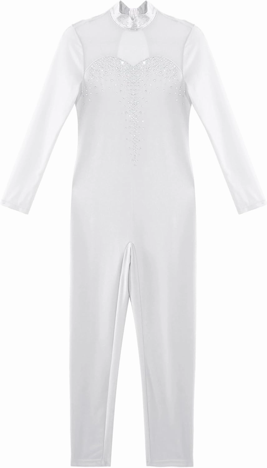 Hansber Gymnastics Leotard Unitards for Girls Long Sleeve Rhinestone Full Body Bodysuit Figure Skating Jumpsuit