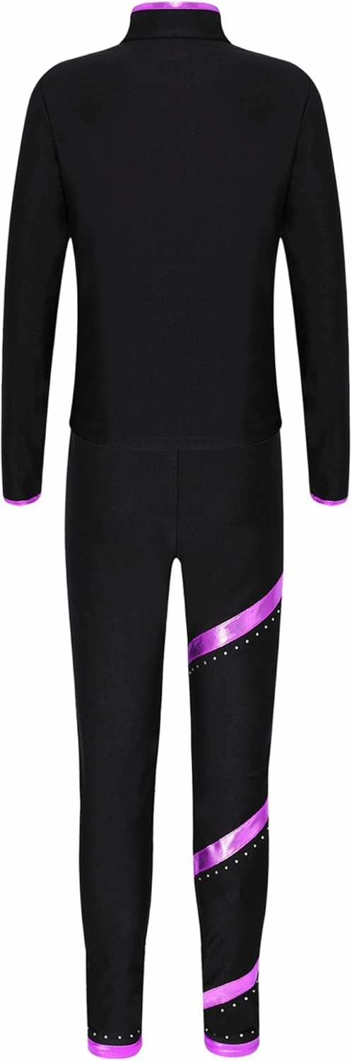 Hansber Kids Girls 2Pcs Figure Skating Suit Ice Skating Jacket with Practice Leggings Criss Cross Ice Skating Pants Set
