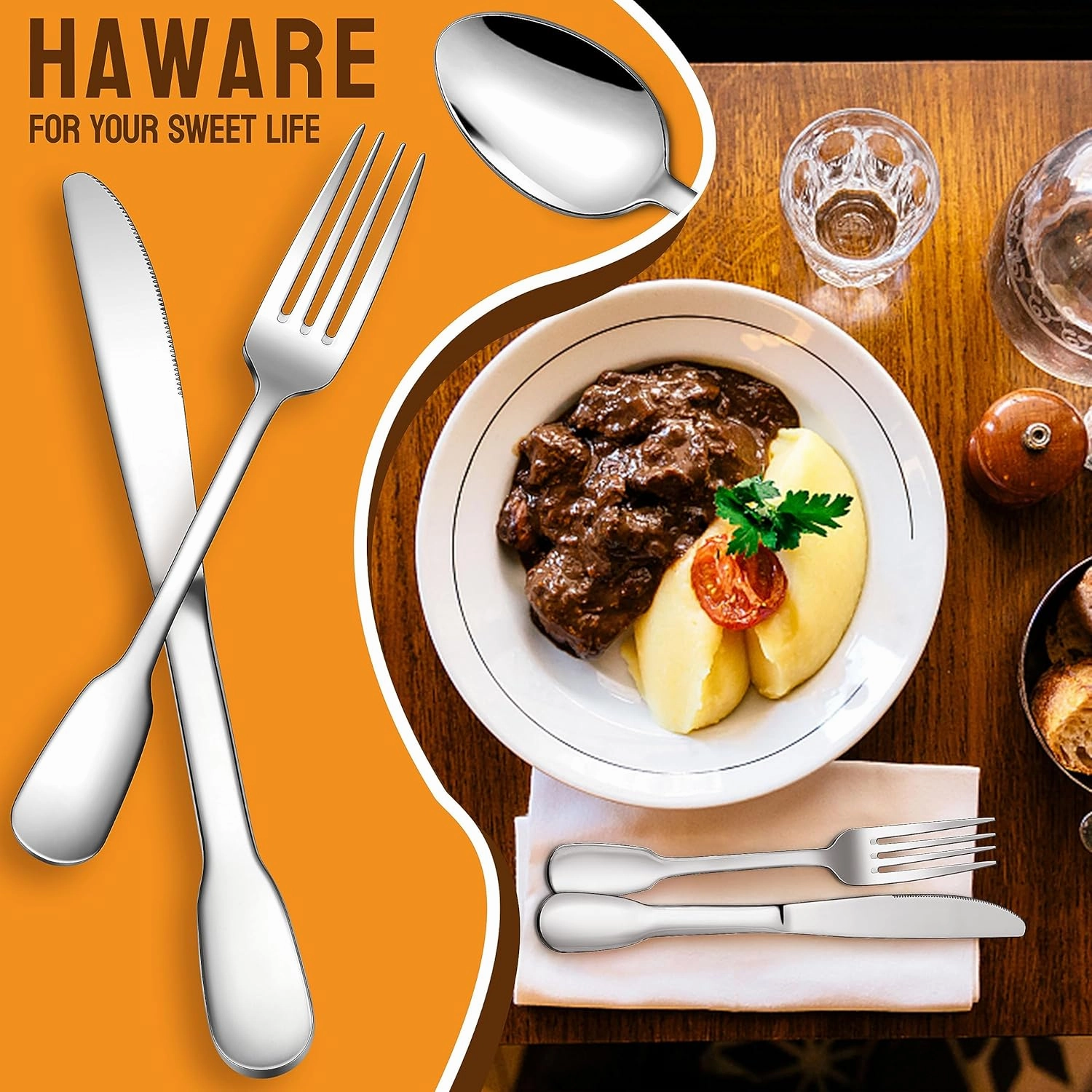 HaWare 18/10 Stainless Steel Flatware, 60-Piece Silverware Set for 12, Premium Cutlery Set for Home Restaurant, Include Knife Fork Spoon, Ergonomic Design Eating Utensils Tableware, Dishwasher Safe