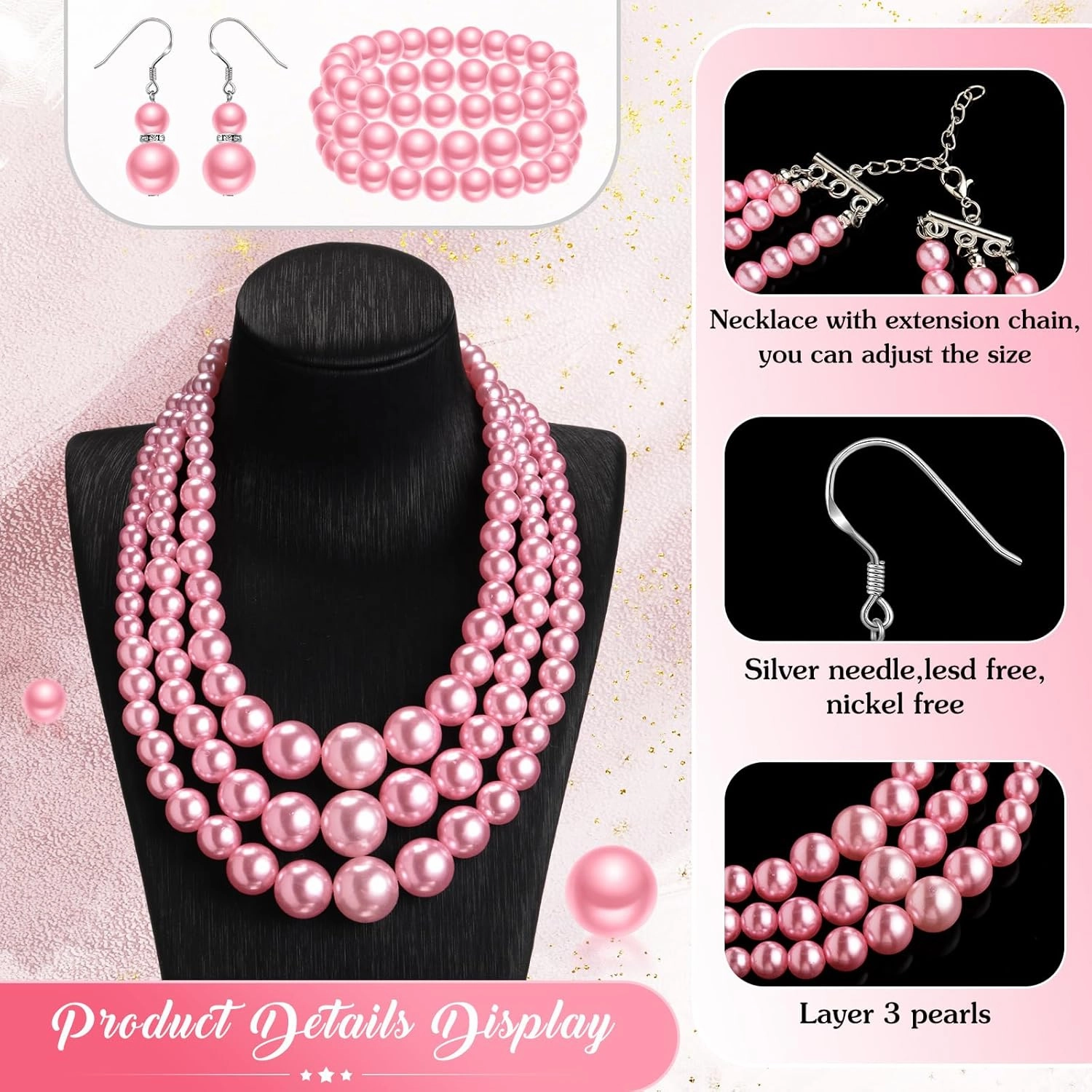 Haysandy 1920s Pearl Necklace for Women Costume Jewelry Set Faux Pearl Necklace Bracelet Earring for Party Wedding Gift