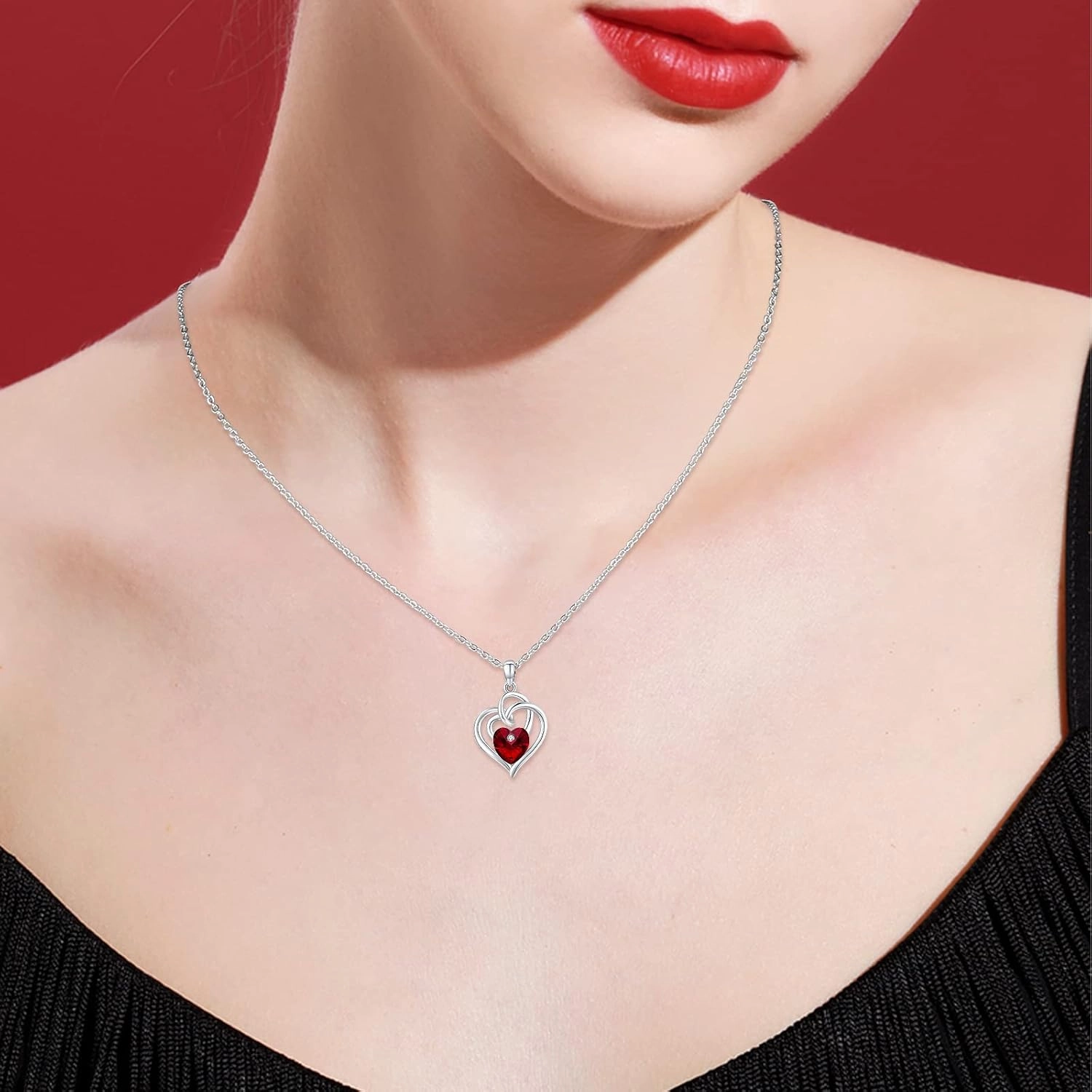 Heart Birthstone Necklace for Women 925 Sterling Silver Birthstone Necklace Double Heart Austrian Crystal Pendant Anniversary Birthday Jewelry Gifts for Her Mom Wife Mother's Day