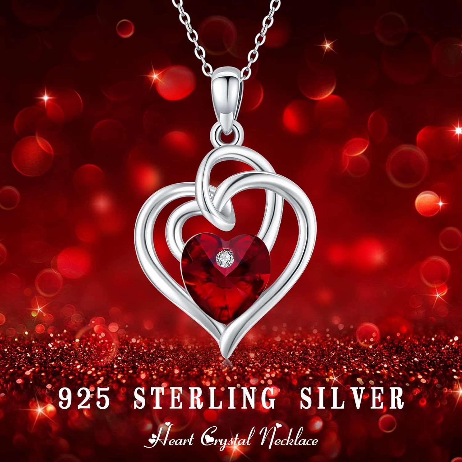Heart Birthstone Necklace for Women 925 Sterling Silver Birthstone Necklace Double Heart Austrian Crystal Pendant Anniversary Birthday Jewelry Gifts for Her Mom Wife Mother's Day