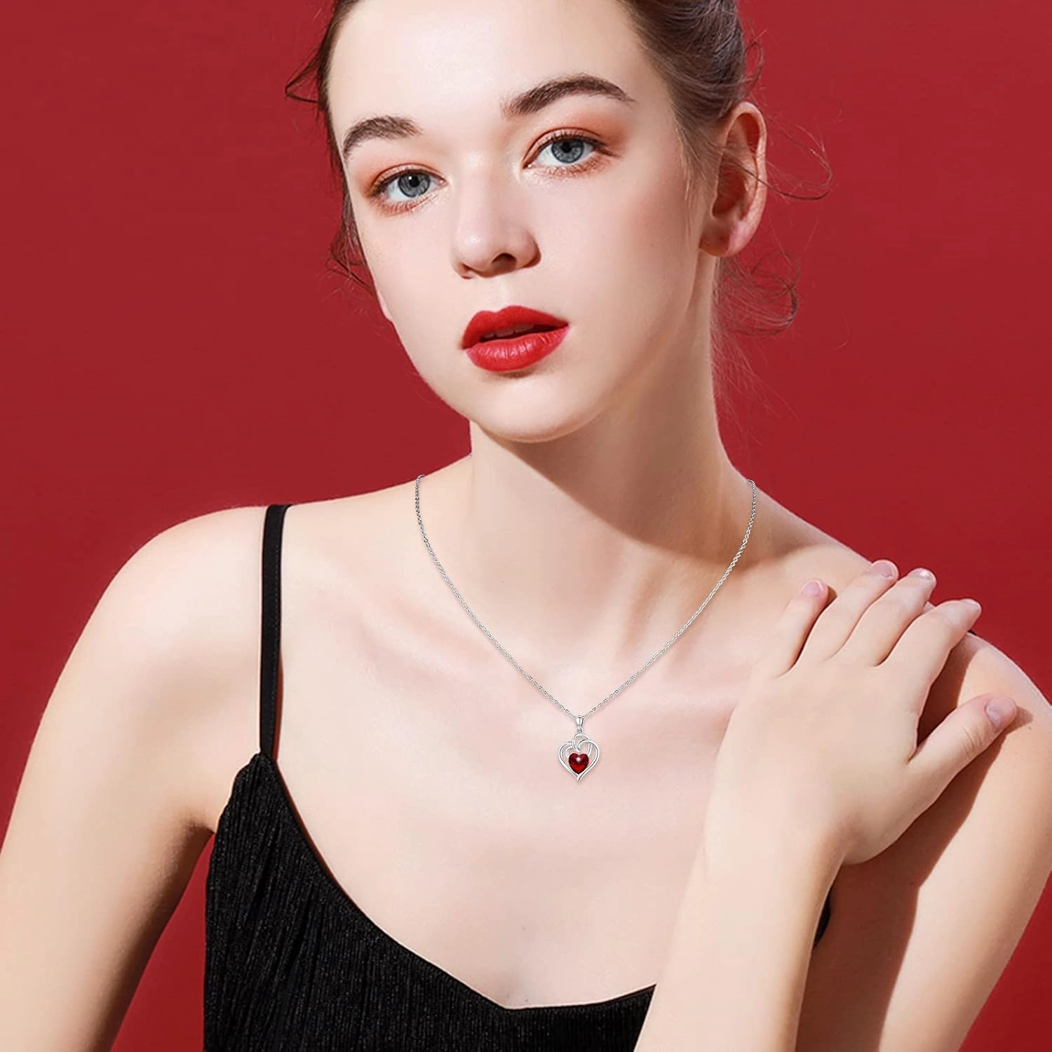 Heart Birthstone Necklace for Women 925 Sterling Silver Birthstone Necklace Double Heart Austrian Crystal Pendant Anniversary Birthday Jewelry Gifts for Her Mom Wife Mother's Day
