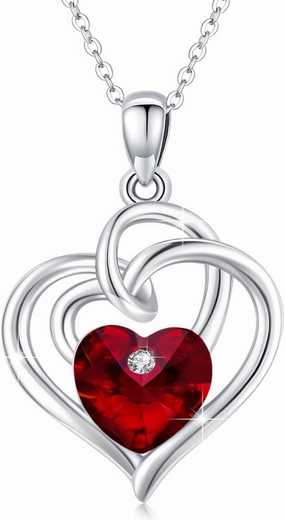 Heart Birthstone Necklace for Women 925 Sterling Silver Birthstone Necklace Double Heart Austrian Crystal Pendant Anniversary Birthday Jewelry Gifts for Her Mom Wife Mother's Day