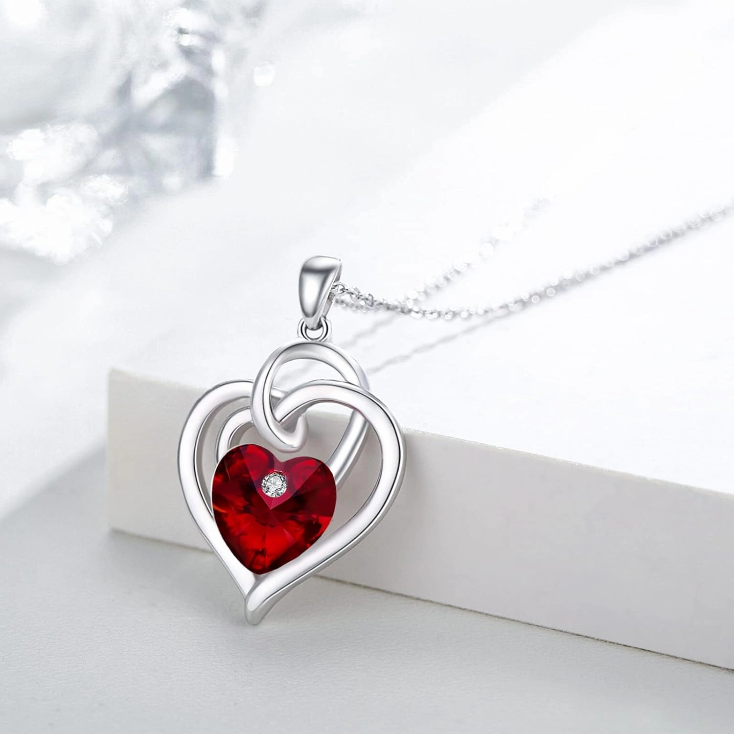 Heart Birthstone Necklace for Women 925 Sterling Silver Birthstone Necklace Double Heart Austrian Crystal Pendant Anniversary Birthday Jewelry Gifts for Her Mom Wife Mother's Day