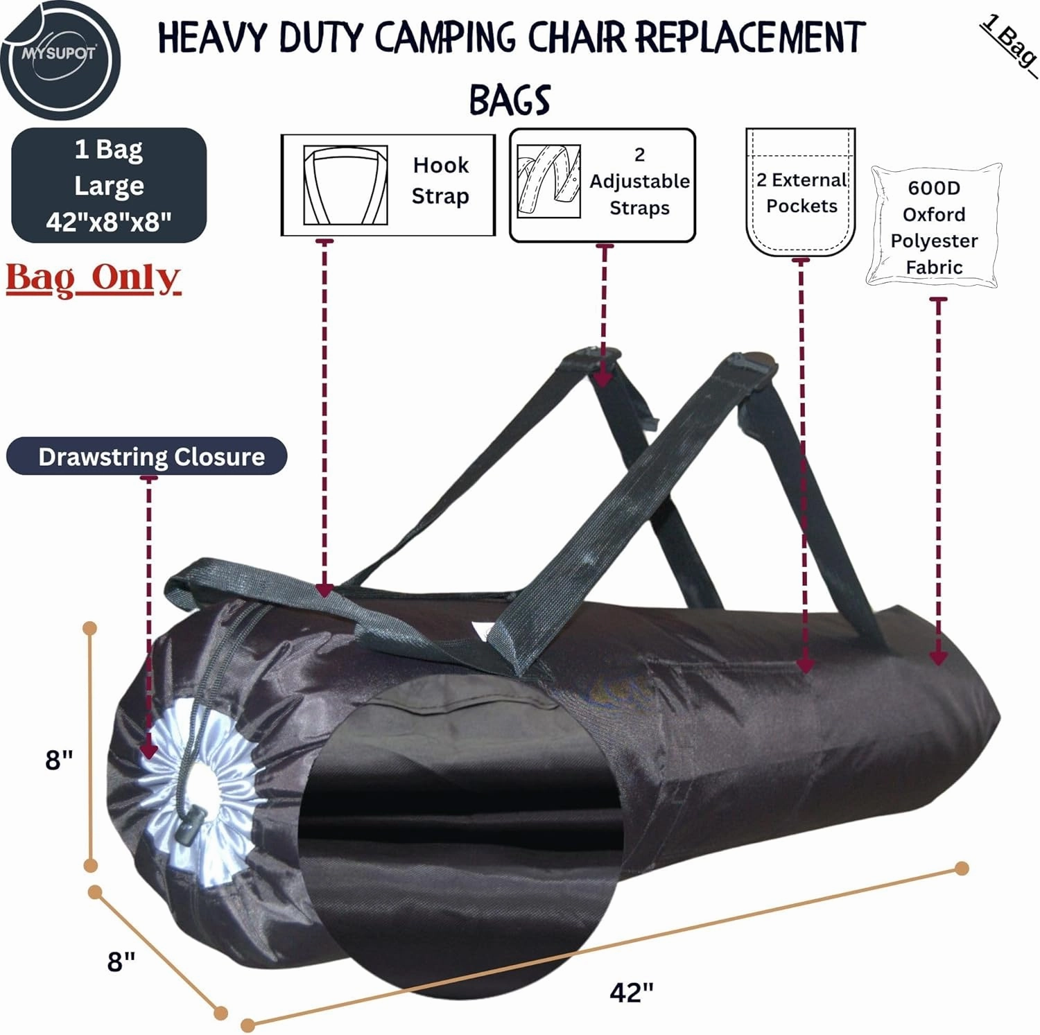Heavy Duty 1 Bag Camping Chair Bag Backpack. Bag for Tent, Folding, Portable, Rocking, Beach or Camp Chair. 600D Oxford Polyester (Black, Large 42"X8"x8")