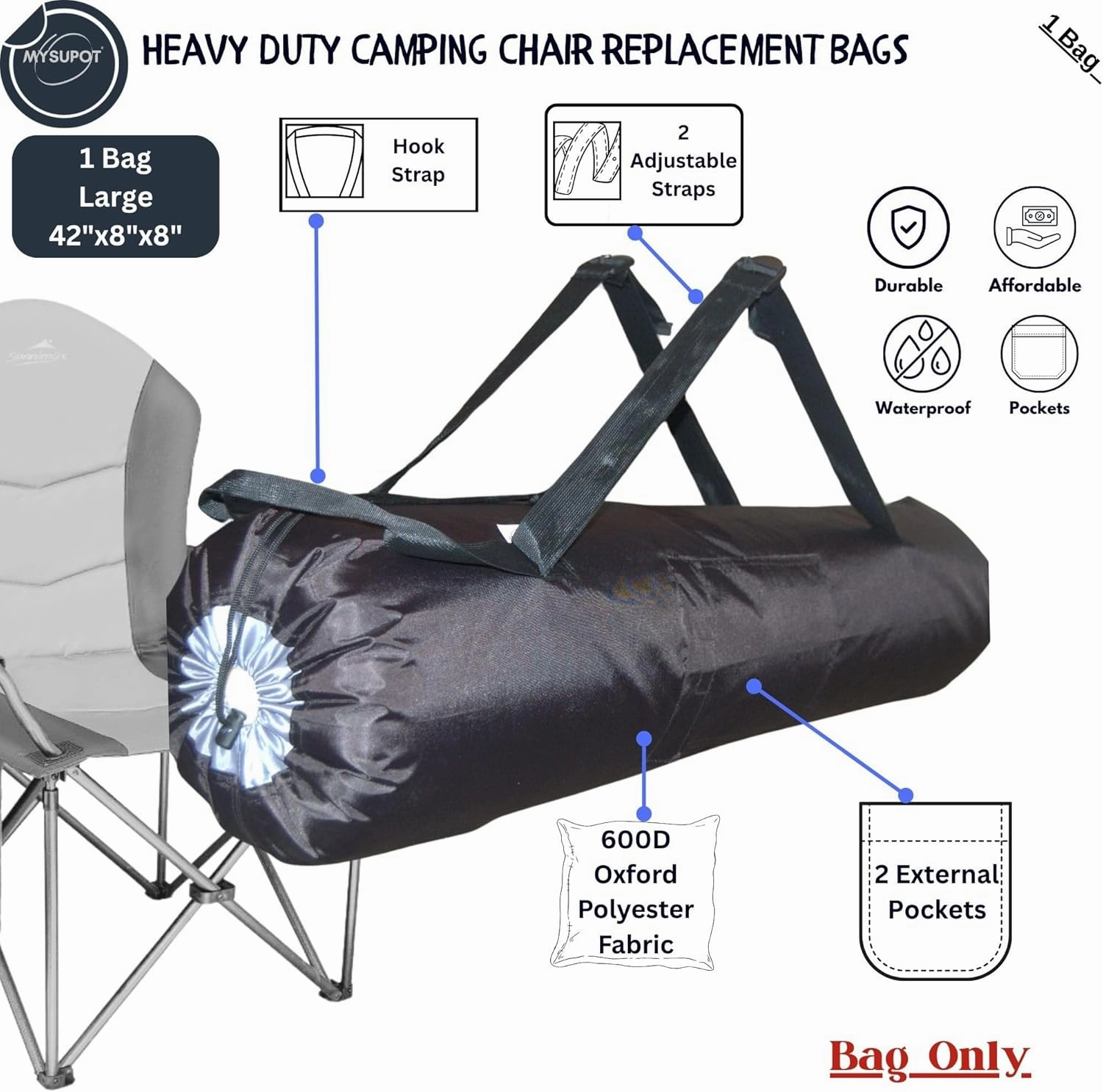 Heavy Duty 1 Bag Camping Chair Bag Backpack. Bag for Tent, Folding, Portable, Rocking, Beach or Camp Chair. 600D Oxford Polyester (Black, Large 42"X8"x8")