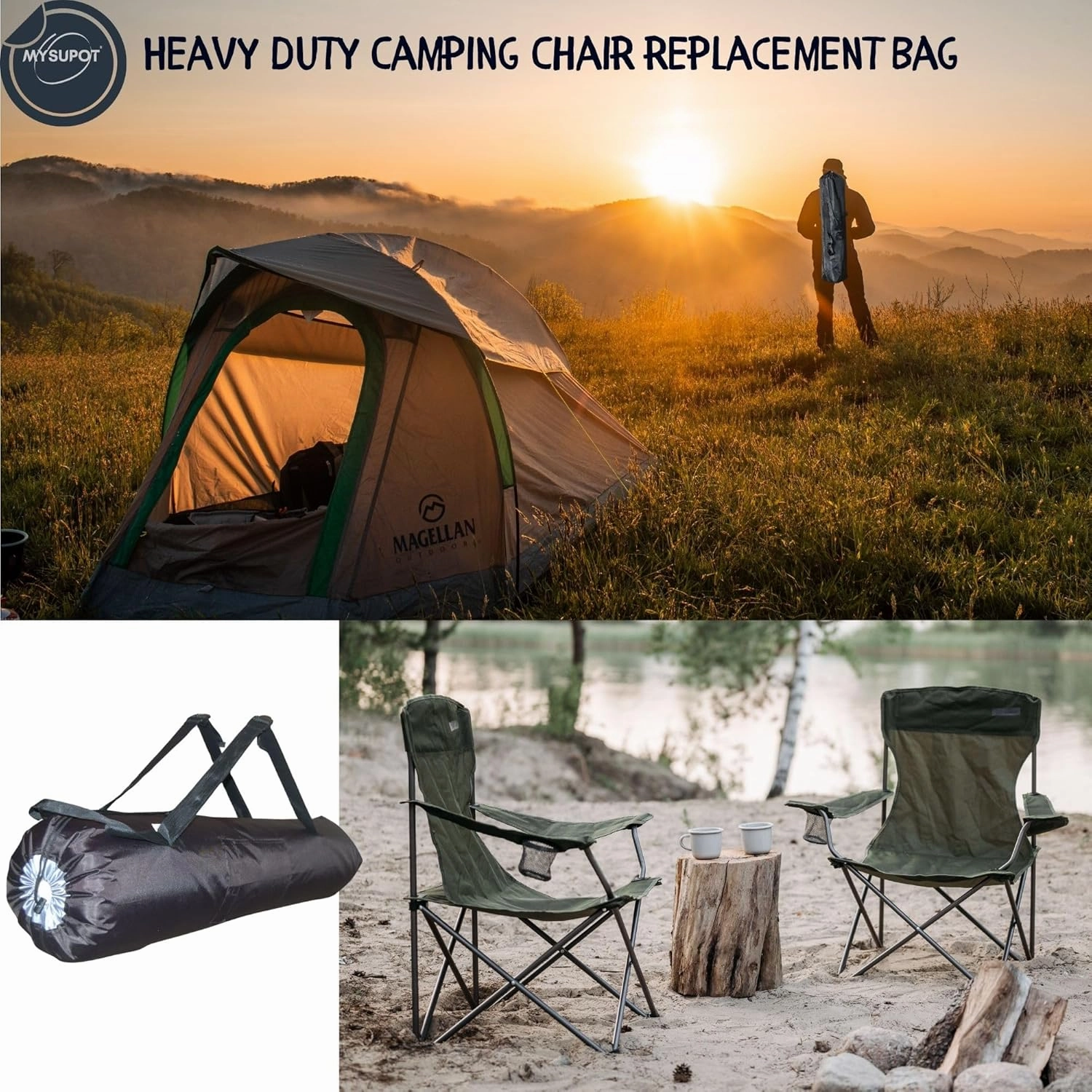 Heavy Duty 1 Bag Camping Chair Bag Backpack. Bag for Tent, Folding, Portable, Rocking, Beach or Camp Chair. 600D Oxford Polyester (Black, Large 42"X8"x8")