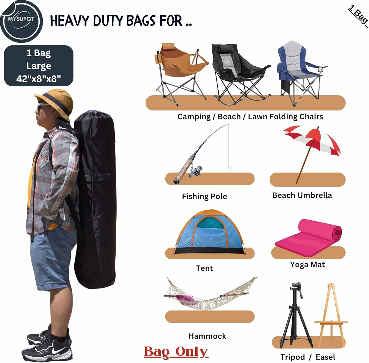 Heavy Duty 1 Bag Camping Chair Bag Backpack. Bag for Tent, Folding, Portable, Rocking, Beach or Camp Chair. 600D Oxford Polyester (Black, Large 42"X8"x8")