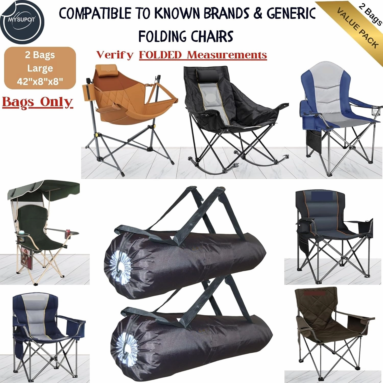 Heavy Duty 2 Bags Camping Chair Bag Backpack. Bag for Loveseat, Tent, Folding, Portable, Rocking, Beach or Camp Chair. 600D Oxford Polyester (Black, Large 42"X8"x8")