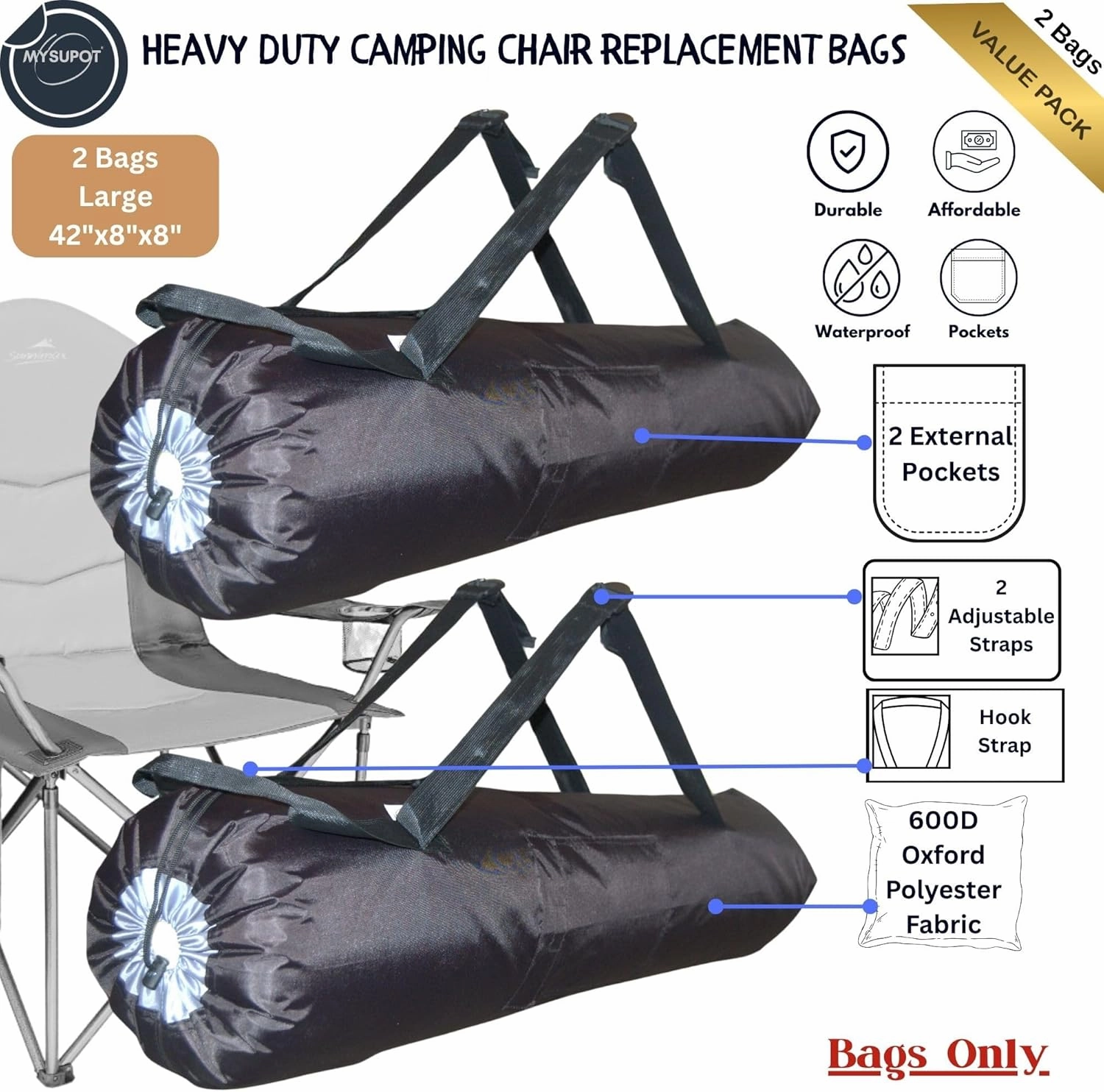 Heavy Duty 2 Bags Camping Chair Bag Backpack. Bag for Loveseat, Tent, Folding, Portable, Rocking, Beach or Camp Chair. 600D Oxford Polyester (Black, Large 42"X8"x8")