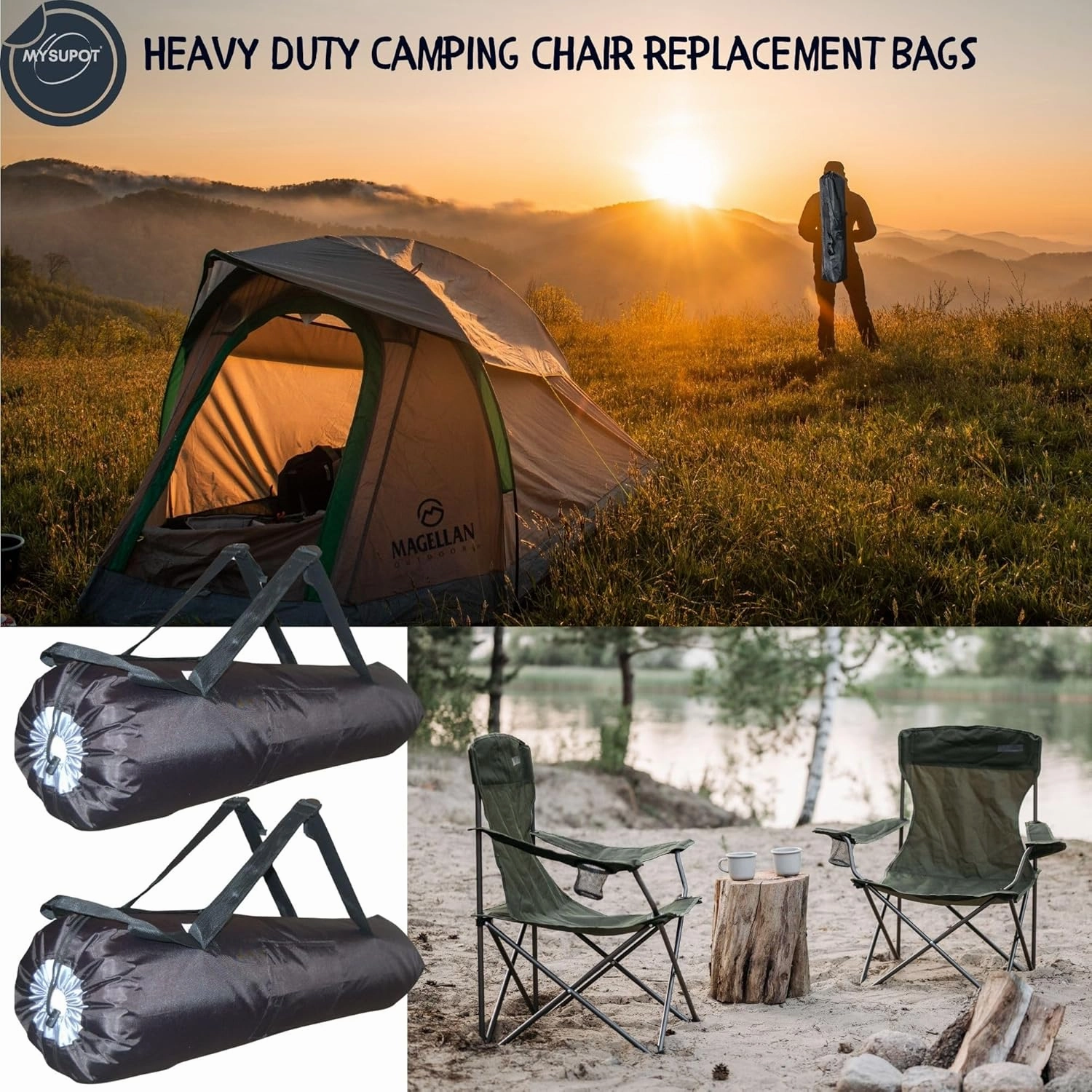 Heavy Duty 2 Bags Camping Chair Bag Backpack. Bag for Loveseat, Tent, Folding, Portable, Rocking, Beach or Camp Chair. 600D Oxford Polyester (Black, Large 42"X8"x8")