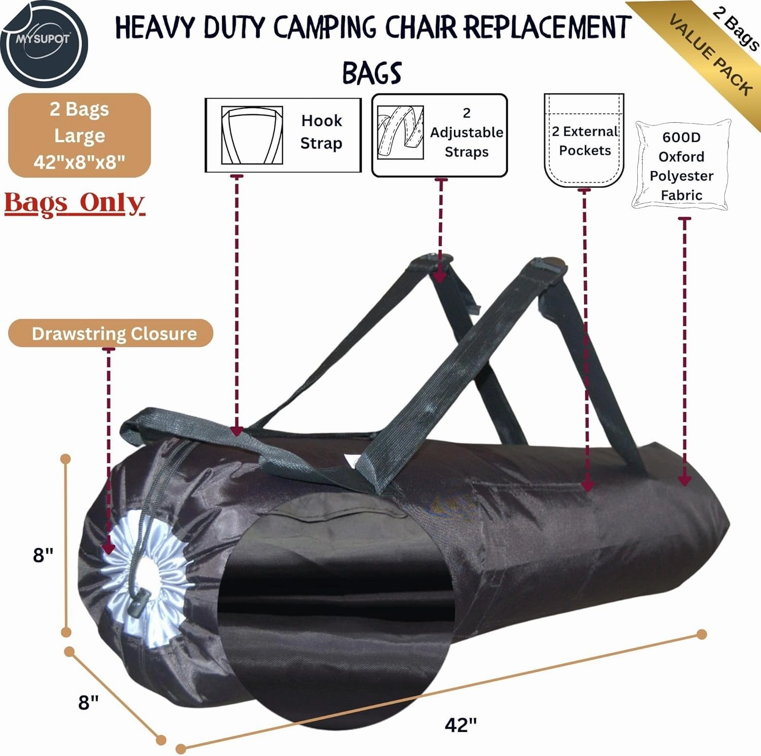 Heavy Duty 2 Bags Camping Chair Bag Backpack. Bag for Loveseat, Tent, Folding, Portable, Rocking, Beach or Camp Chair. 600D Oxford Polyester (Black, Large 42"X8"x8")