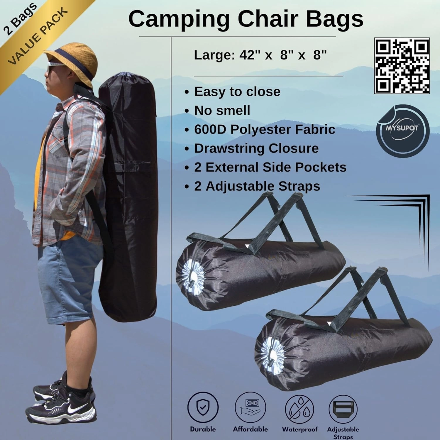 Heavy Duty 2 Bags Camping Chair Bag Backpack. Bag for Loveseat, Tent, Folding, Portable, Rocking, Beach or Camp Chair. 600D Oxford Polyester (Black, Large 42"X8"x8")