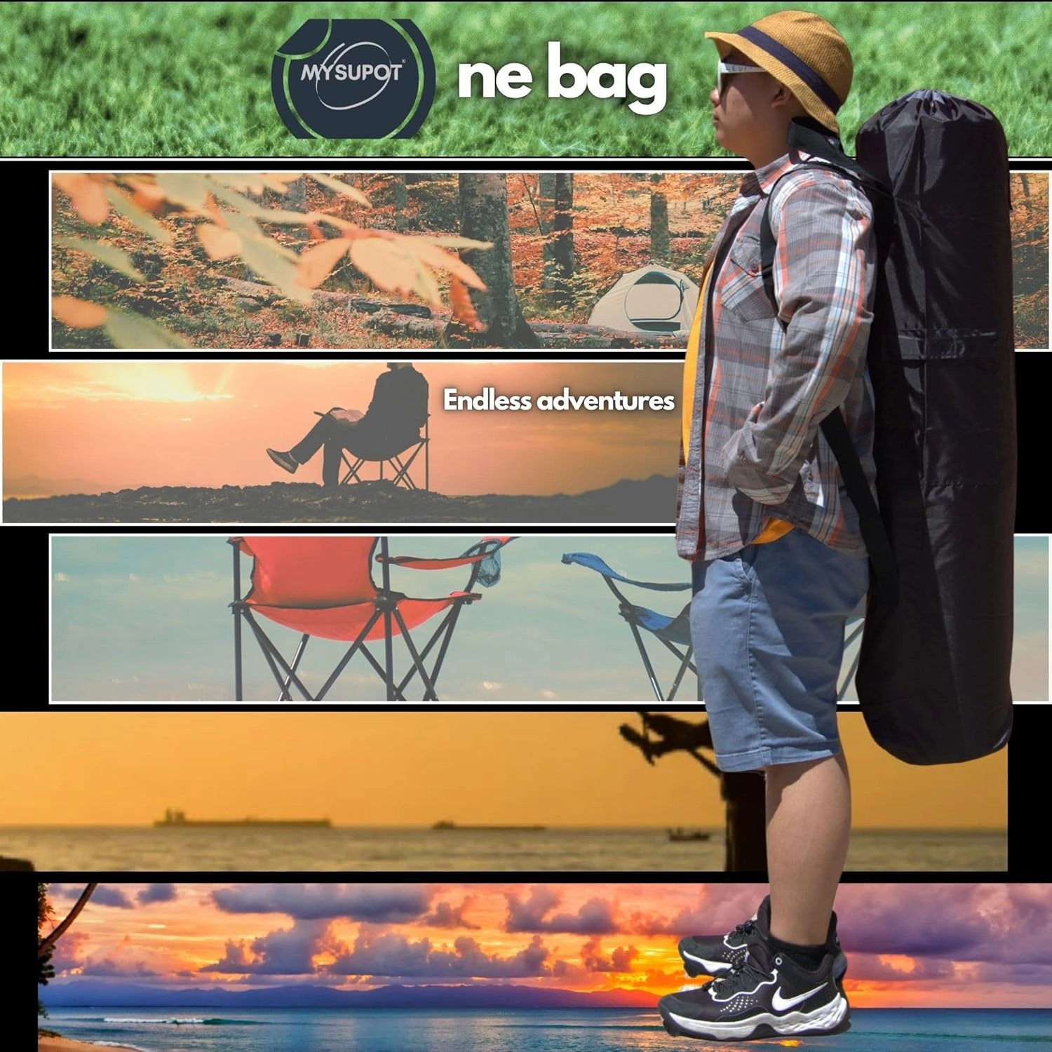 Heavy Duty 2 Bags Camping Chair Bag Backpack. Bag for Loveseat, Tent, Folding, Portable, Rocking, Beach or Camp Chair. 600D Oxford Polyester (Black, Large 42"X8"x8")
