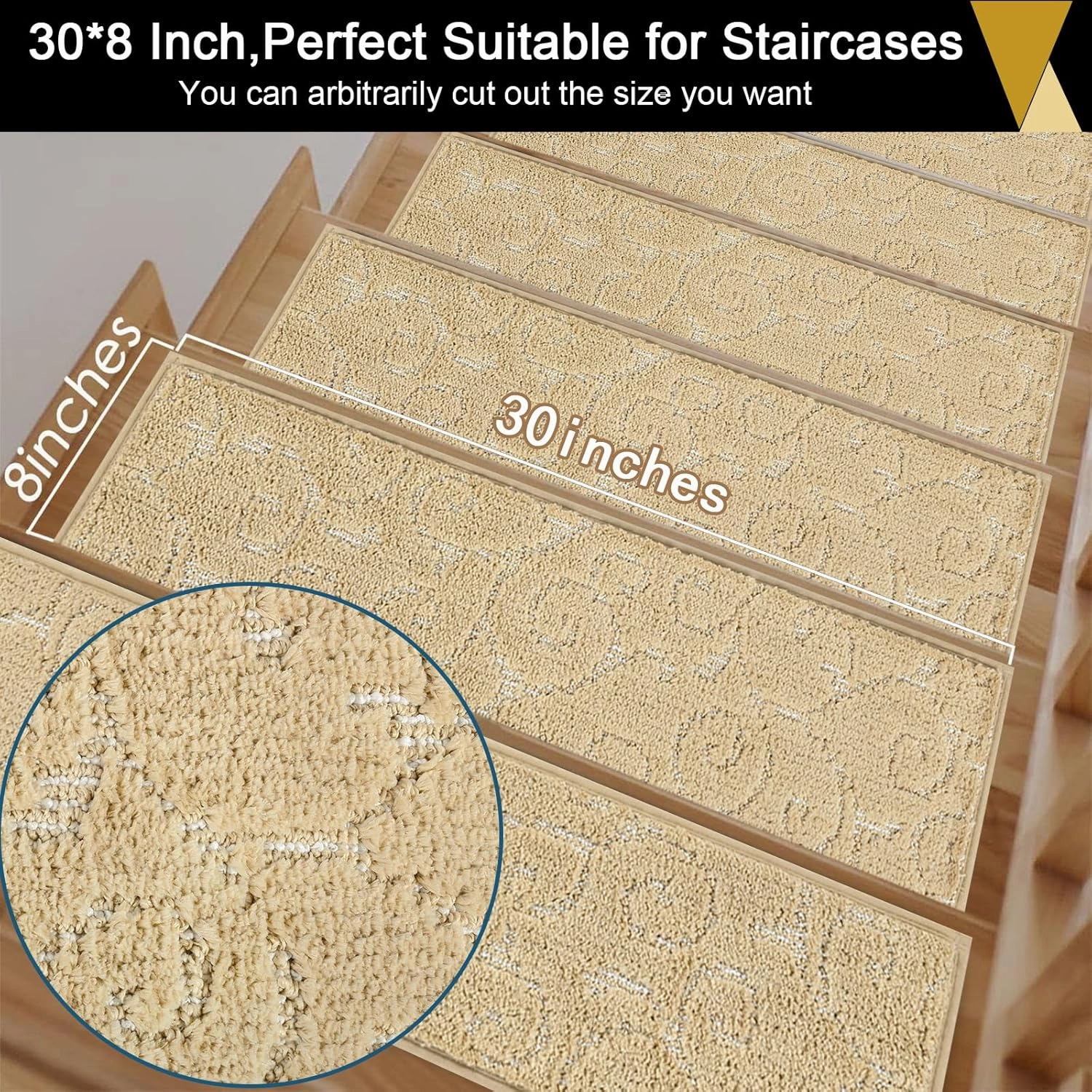 HEBE Carpet Stair Treads Non Slip 15 PCS 8" X 30" Edging Stair Runner for Wooden Steps Indoor Self Adhesive Stair Rugs Runners Reusable Staircase Step Treads Mat for Kids,Elders,Pets