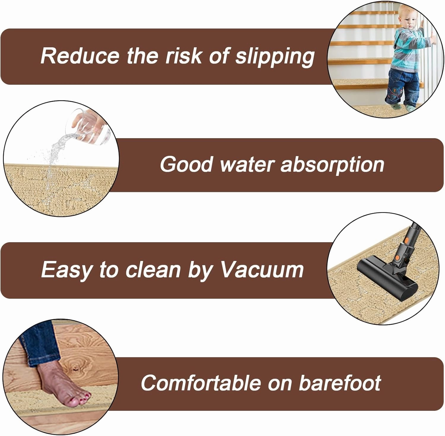 HEBE Carpet Stair Treads Non Slip 15 PCS 8" X 30" Edging Stair Runner for Wooden Steps Indoor Self Adhesive Stair Rugs Runners Reusable Staircase Step Treads Mat for Kids,Elders,Pets