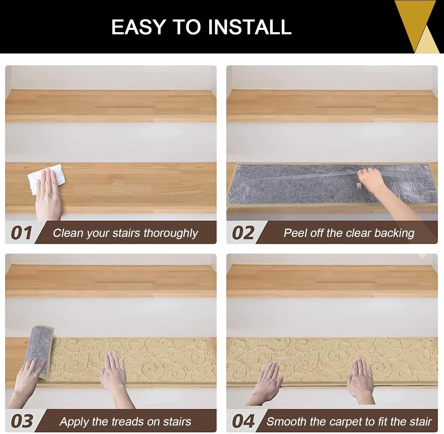 HEBE Carpet Stair Treads Non Slip 15 PCS 8" X 30" Edging Stair Runner for Wooden Steps Indoor Self Adhesive Stair Rugs Runners Reusable Staircase Step Treads Mat for Kids,Elders,Pets