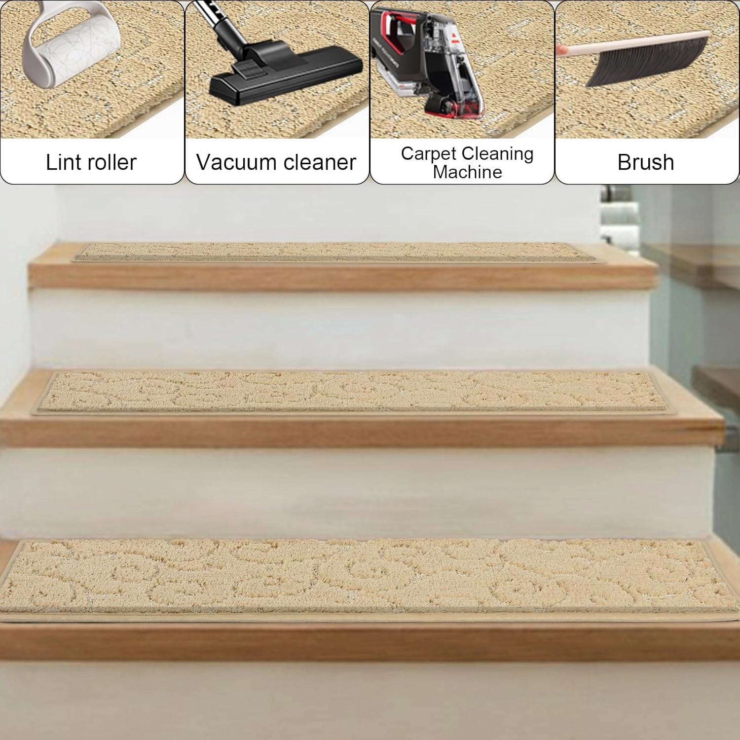 HEBE Carpet Stair Treads Non Slip 15 PCS 8" X 30" Edging Stair Runner for Wooden Steps Indoor Self Adhesive Stair Rugs Runners Reusable Staircase Step Treads Mat for Kids,Elders,Pets