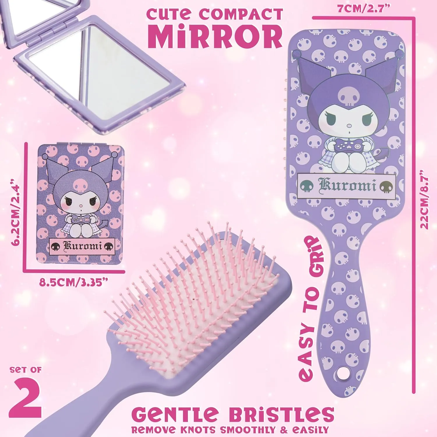 Hello Kitty Detangle Hair Brush for Women, Teenagers, and Girls, Kawaii Hair Accessories - Cute Gifts for Her (Kuromi Brush & Mirror)