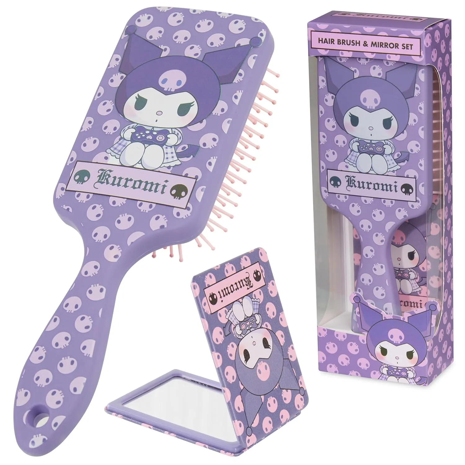 Hello Kitty Detangle Hair Brush for Women, Teenagers, and Girls, Kawaii Hair Accessories - Cute Gifts for Her (Kuromi Brush & Mirror)