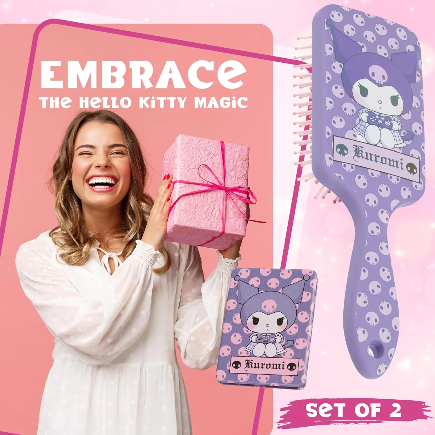 Hello Kitty Detangle Hair Brush for Women, Teenagers, and Girls, Kawaii Hair Accessories - Cute Gifts for Her (Kuromi Brush & Mirror)