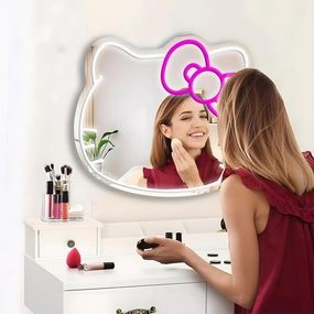 Hello Kit Neon Sign Mirror 1 Pcs Anime Cat Vanity Mirror Makeup Mirror with Dimmable Neon Signs Cute Wall Mirror for Bedroom,Game Room,Kids Birthday Xmas Easter Gift (16.1" W x 14" H)