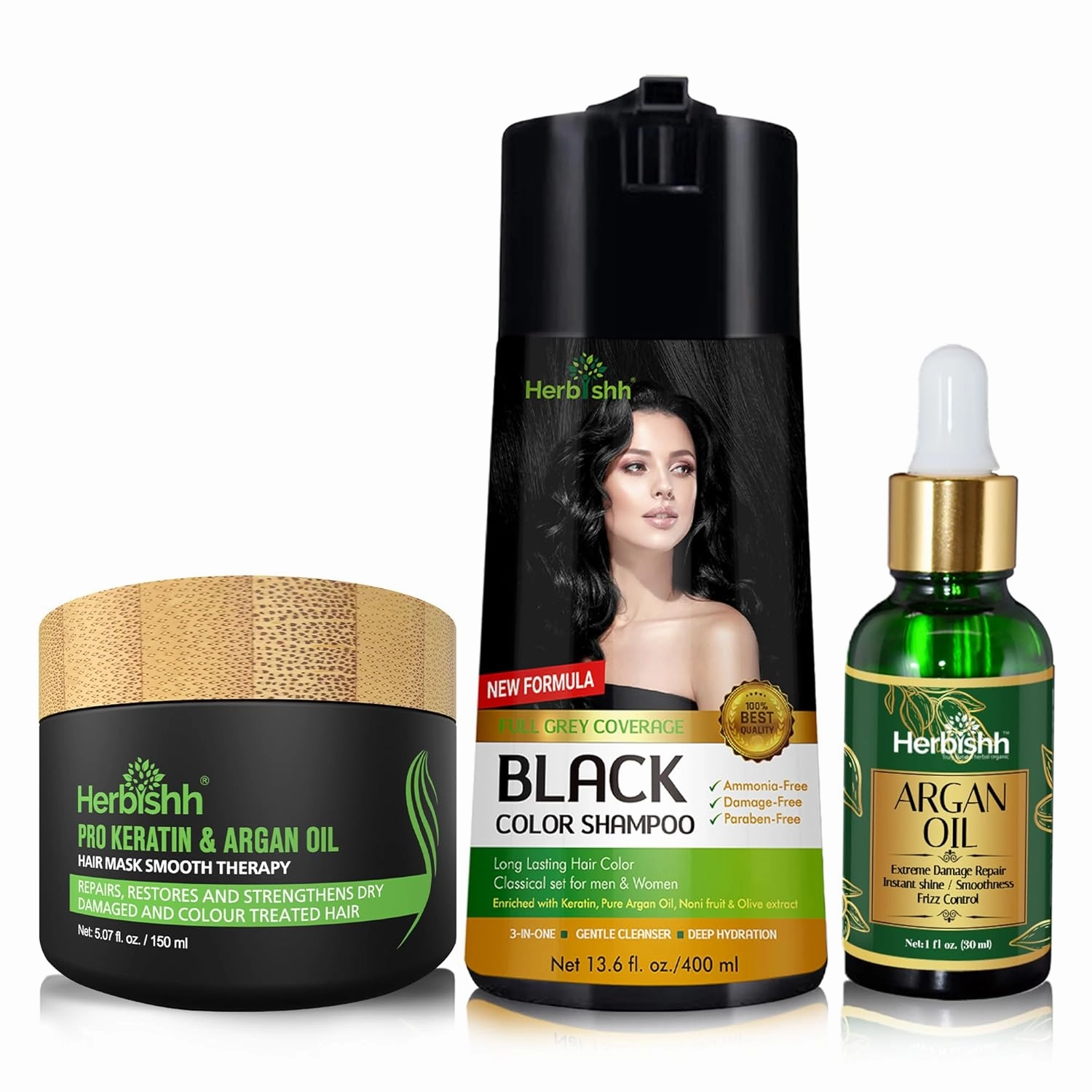 Herbishh C3 Combo (Color   Repair   Condition) with Hair Color Shampoo Black 400ml   Argan Oil 30ml and Hair Mask 150gm - Hair Dye Shampoo for Grey Hair | Gift Set for Parents, Men and Women |