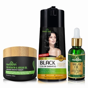 Herbishh C3 Combo (Color   Repair   Condition) with Hair Color Shampoo Black 400ml   Argan Oil 30ml and Hair Mask 150gm - Hair Dye Shampoo for Grey Hair | Gift Set for Parents, Men and Women |