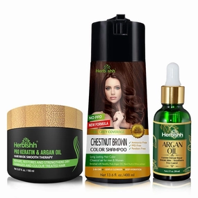 Herbishh C3 Combo(Color   Repair  Condition) with Hair Color Shampoo Chestnut Brown 400ml   Argan Oil 30ml and Hair Mask 150gm - Hair Dye Shampoo for Grey Hair | Gift Set for Parents, Men and Women |