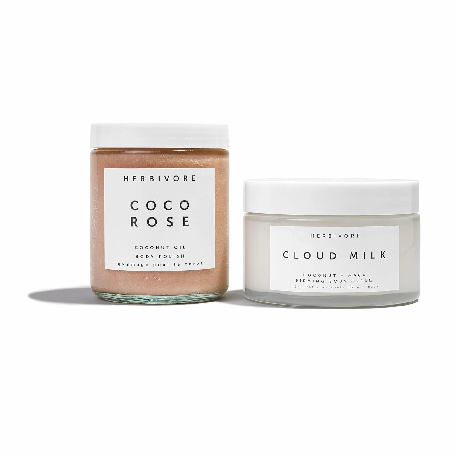 HERBIVORE Instant Vacation Silky Soft Body Gift Set | Coco Rose Coconut Oil Body Polish & Cloud Milk Coconut   Maca Firming Body Cream, Plant Based, Vegan, Cruelty Free