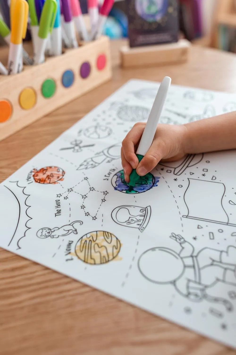 Hey Doodle Outer Space Classic Doodle Mat – Reusable Silicone Coloring Mat for Toddlers and Kids – Educational Space Activity Pad with 9 Markers – Mess-Free Travel Toy – Ages 3-7