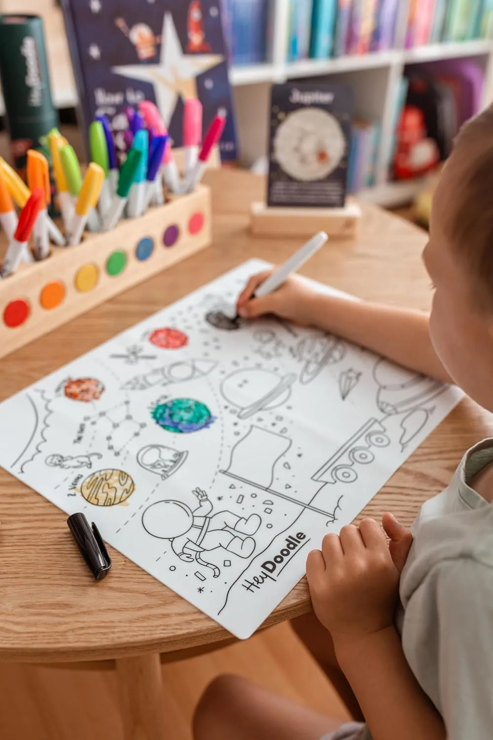 Hey Doodle Outer Space Classic Doodle Mat – Reusable Silicone Coloring Mat for Toddlers and Kids – Educational Space Activity Pad with 9 Markers – Mess-Free Travel Toy – Ages 3-7