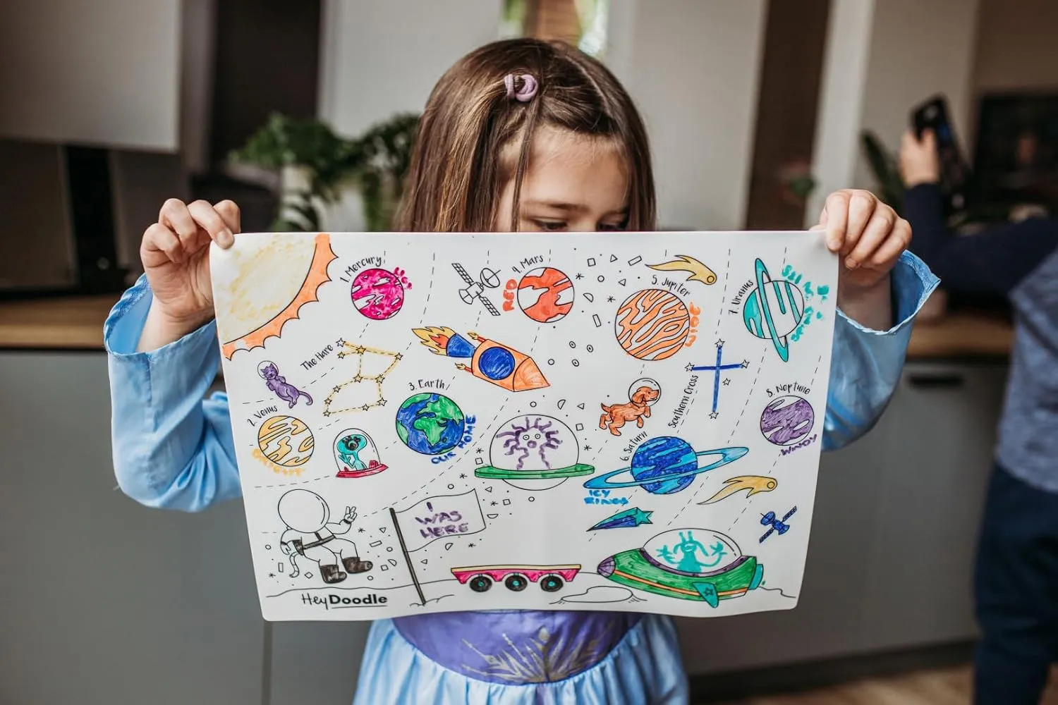 Hey Doodle Outer Space Classic Doodle Mat – Reusable Silicone Coloring Mat for Toddlers and Kids – Educational Space Activity Pad with 9 Markers – Mess-Free Travel Toy – Ages 3-7