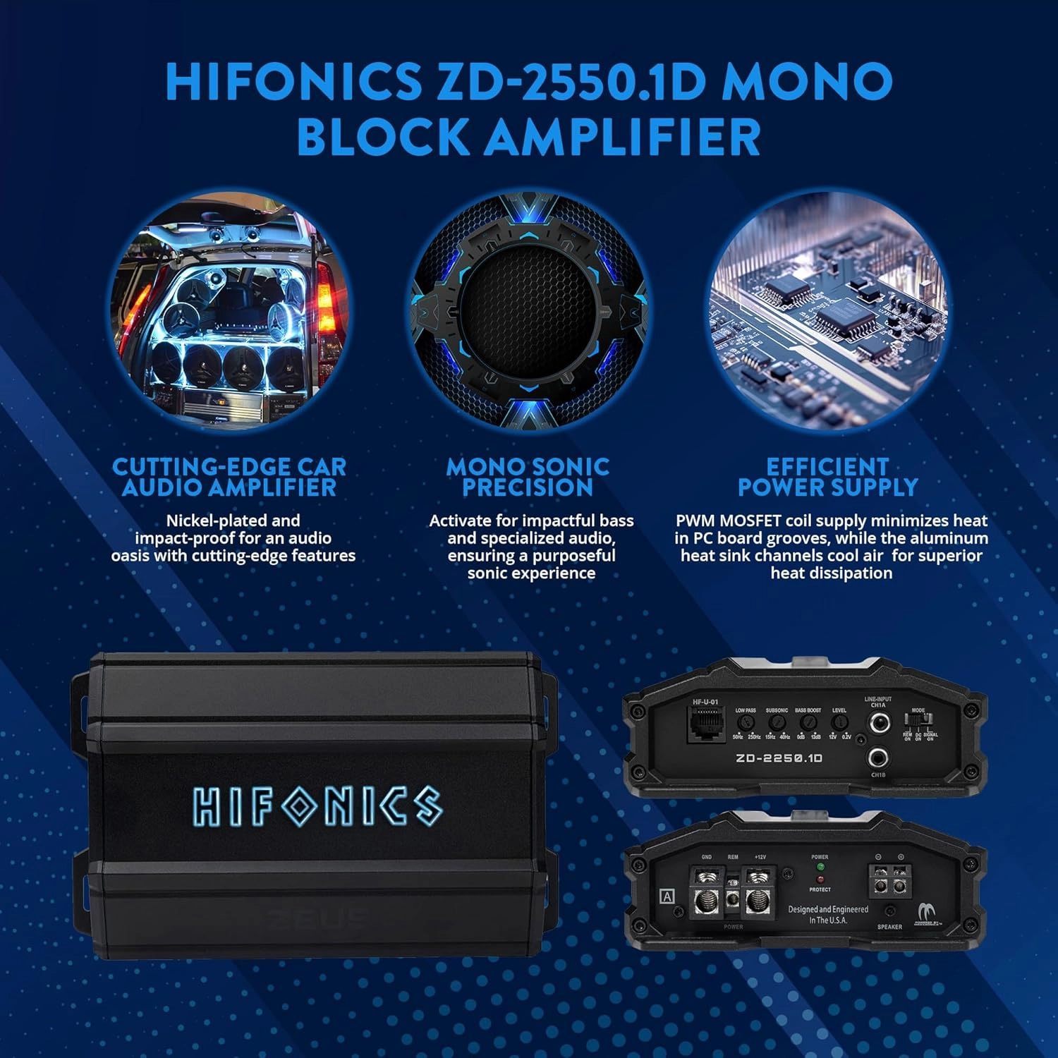Hifonics Zeus Delta 2,550 Watt Compact Mono Block Nickel Plated Mobile Car Audio Amplifier with Auto Turn On Feature, ZD-2550.1D, Black