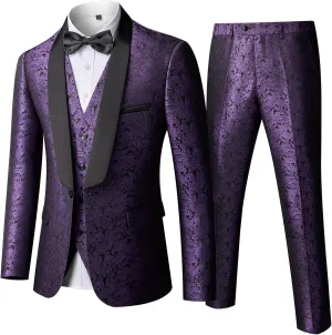 Hihawk Men's Floral Suit Set, 3 Piece Paisley Slim Fit, Jacket Vest and Pants with Bow Tie for Wedding Dinner Prom Party