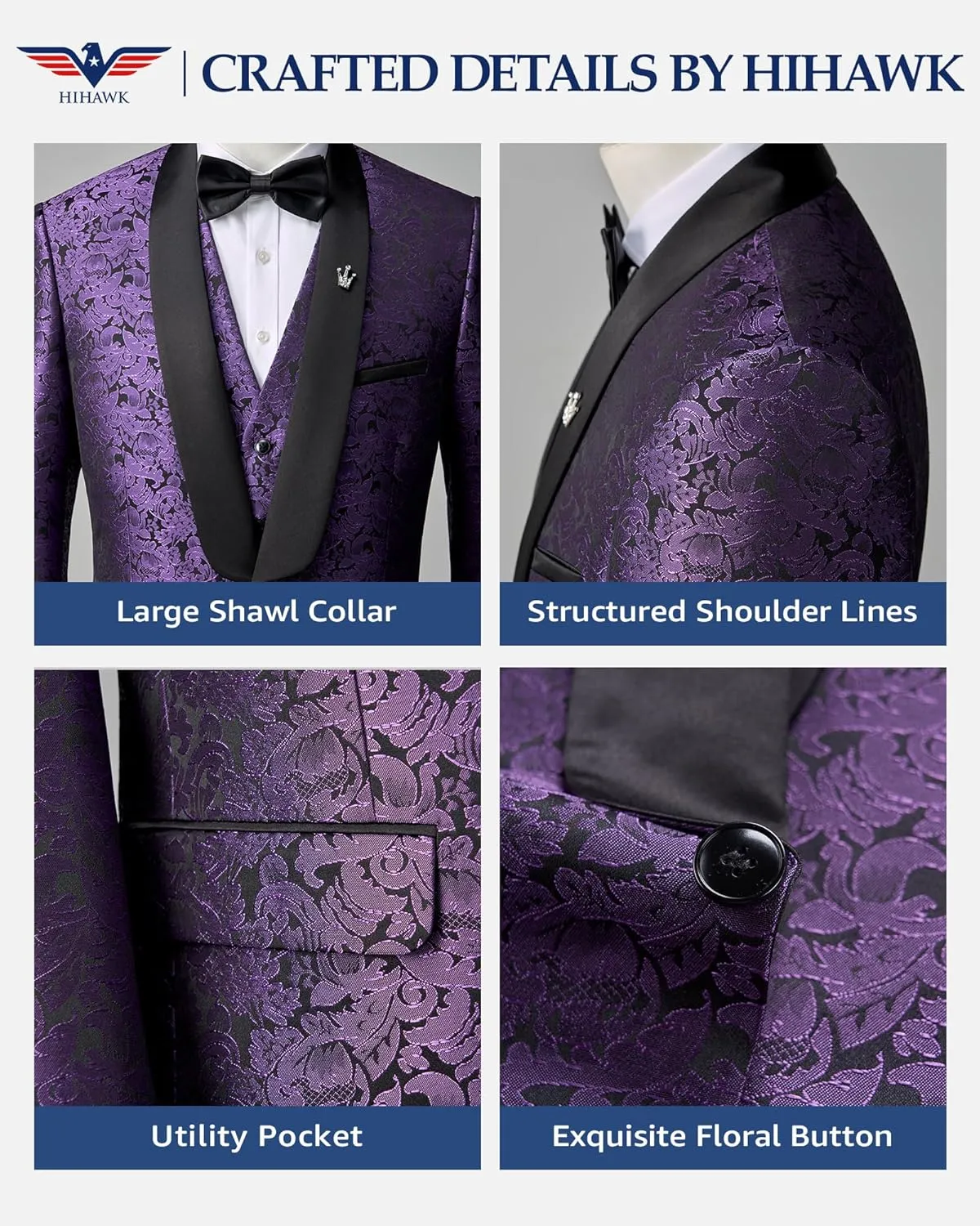 Hihawk Men's Floral Suit Set, 3 Piece Paisley Slim Fit, Jacket Vest and Pants with Bow Tie for Wedding Dinner Prom Party