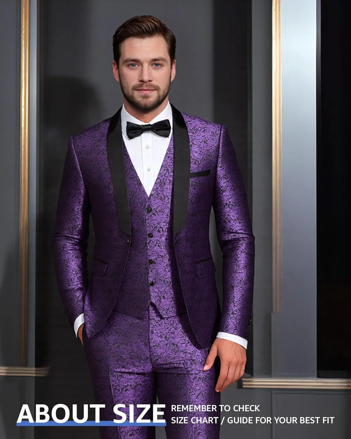 Hihawk Men's Floral Suit Set, 3 Piece Paisley Slim Fit, Jacket Vest and Pants with Bow Tie for Wedding Dinner Prom Party