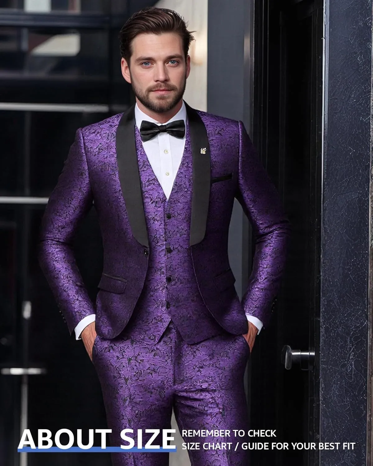 Hihawk Men's Floral Suit Set, 3 Piece Paisley Slim Fit, Jacket Vest and Pants with Bow Tie for Wedding Dinner Prom Party