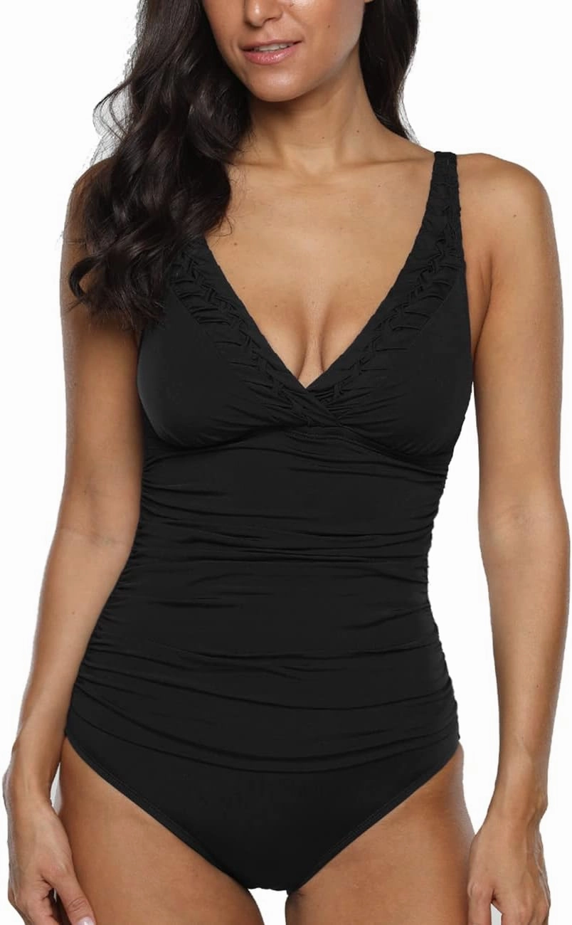 Hilor Women's Tummy Control Swimsuits Slimming One Piece Bathing Suits Pin Tucked Surplice Swimwear