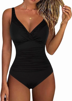 Hilor Women's Tummy Control Swimsuits Slimming One Piece Bathing Suits Pin Tucked Surplice Swimwear
