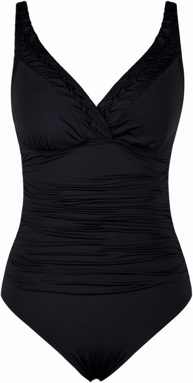 Hilor Women's Tummy Control Swimsuits Slimming One Piece Bathing Suits Pin Tucked Surplice Swimwear